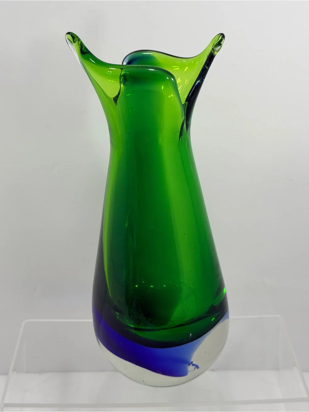 Vtg MCM Murano Style Sommerso Fishtail Vase - Emerald & Cobalt - 9.5